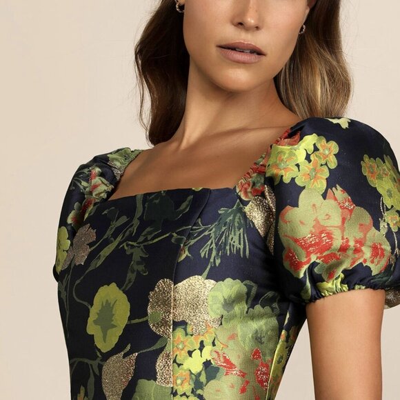 NWT Lulus So Stunning Navy Blue Floral Jacquard Puff Sleeve Mini Dress​ - Picture 3 of 16